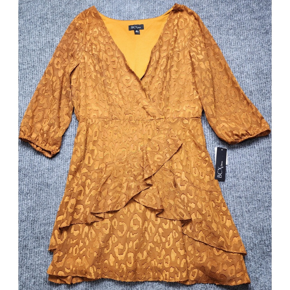 BCX Dress Womens XL Rust Orange Leopard Print Ruffle Faux Wrap Mini Dress New